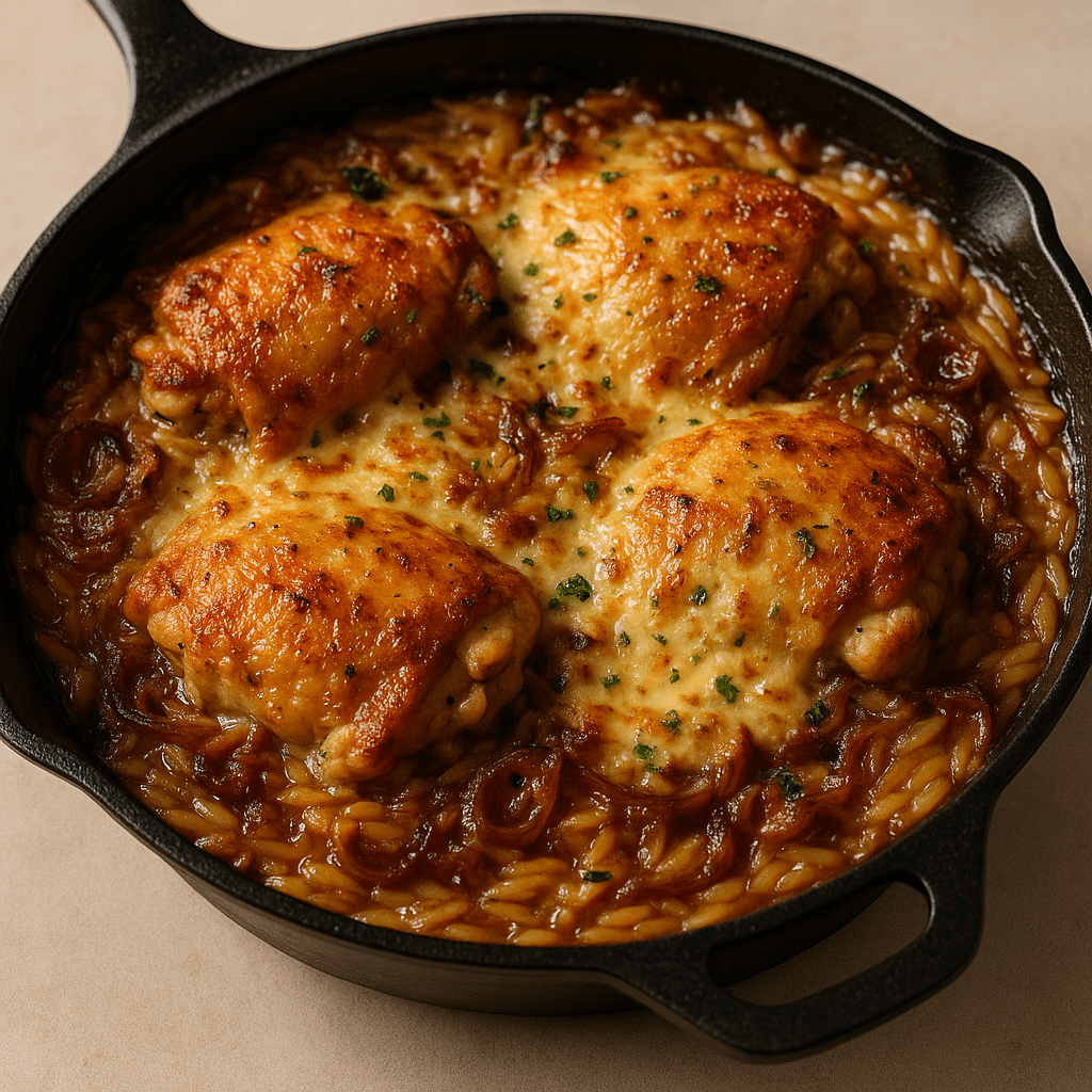 French Onion Chicken Orzo Casserole