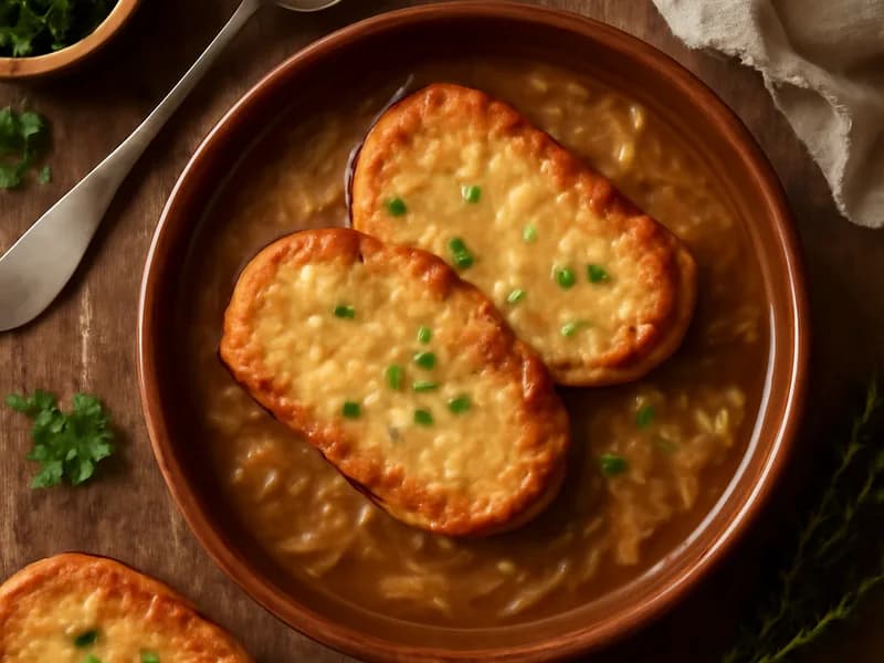 Deutsche Zwiebelsuppe mit Käsecroutons