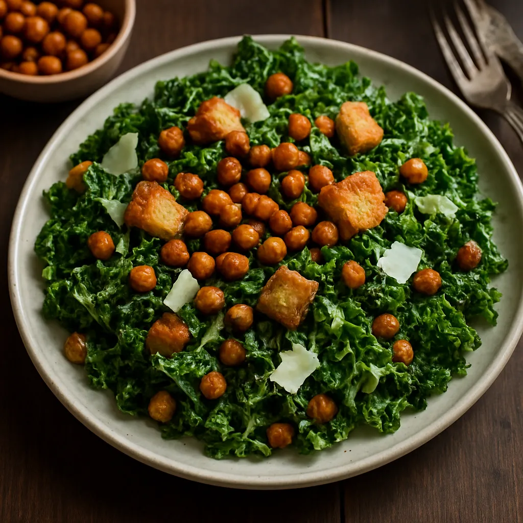 Warm Kale Caesar with Crispy Chickpeas
